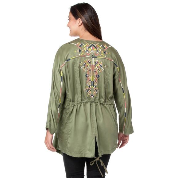 Jessica Simpson Finn Embroidered Draped Trench Jacket in Olive Green Size 1X - Picture 1 of 15